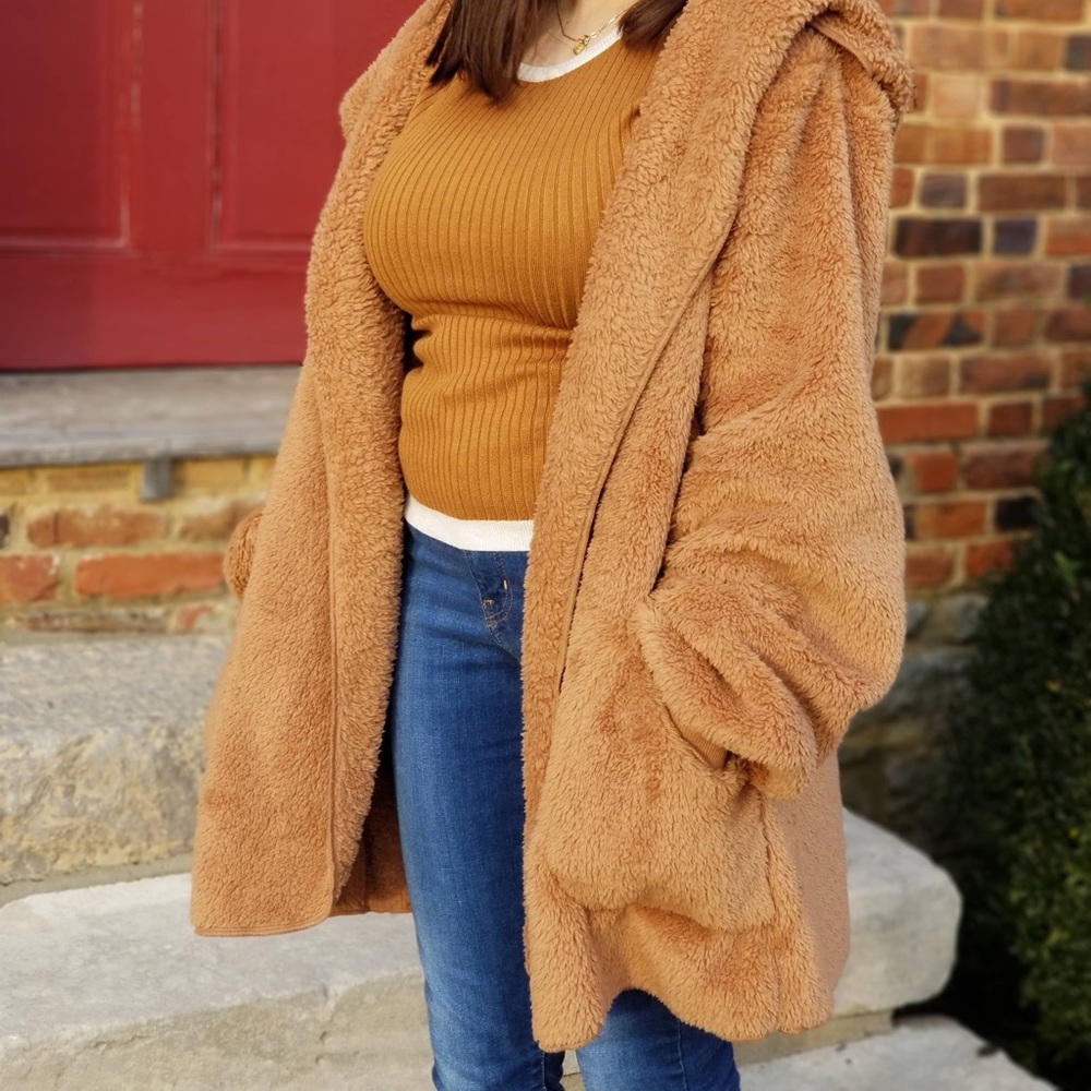 Faux fur hooded sweater jacket